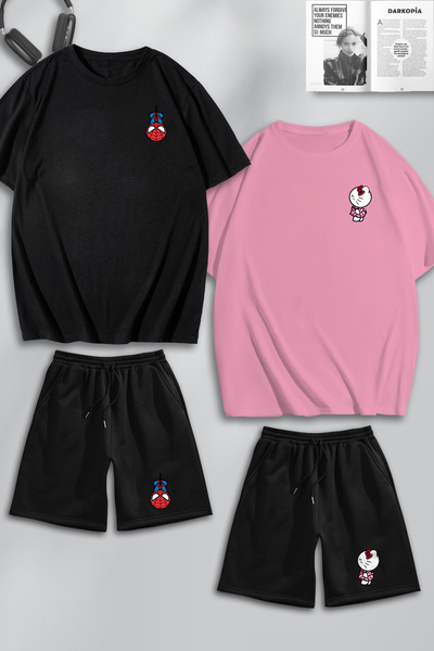 macklin Unisex Kadın Erkek Hello Kitty Spiderman Baskılı Sevgili Çift Kombini Tasarım Oversize Tshirt V Şort