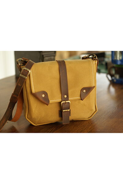 Craftelier Mumlu Kanvas & Deri - Retro Postacı Çanta -Hardal