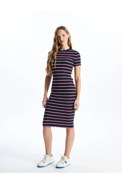 LC Waikiki Γυναικείο φόρεμα LCW Vision με ριγέ λαιμόκοψη και κοντά μανίκια mr...