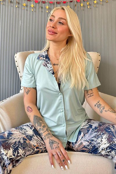 Pijamaevi Exkluzivní sada dámského pyžama s krátkým rukávem Mint Florado vpředu