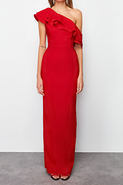 Trendyol Collection Κομψό βραδινό φόρεμα με λεπτομέρεια υφαντό κόκκινο TPRSS24AE00066