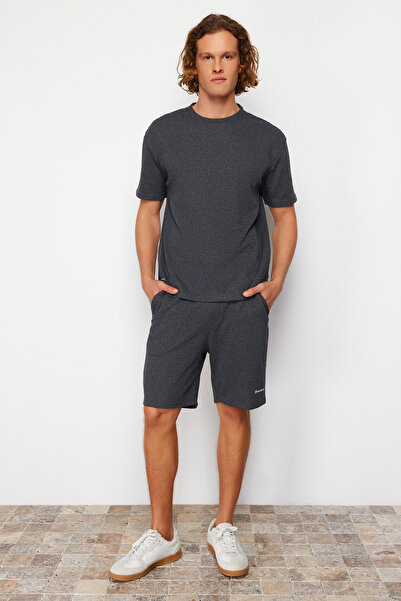 Trendyol Collection Relaxed Fit Gray Embroidered Tracksuit and Shorts Set - TMNSS24EM00001