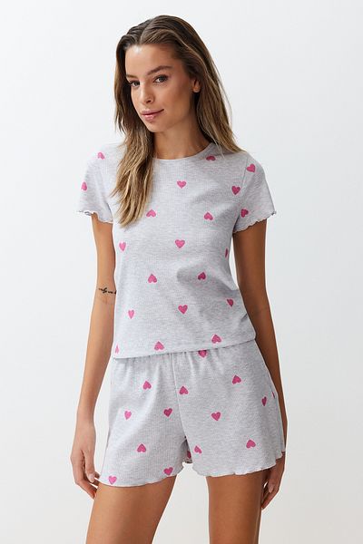 Trendyol Collection Pyjama-Shorts-Set mit herzförmigem grauem Melange-Slogan – THMSS24PT00220