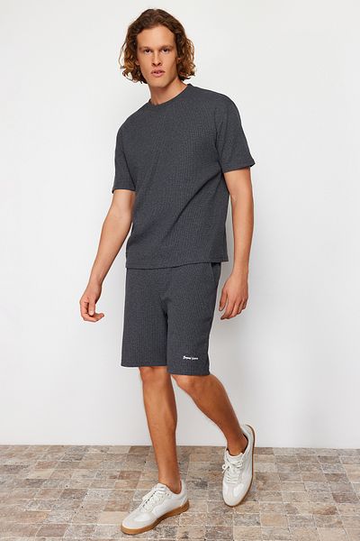 Trendyol Collection Relaxed Fit Gray Embroidered Tracksuit and Shorts Set - TMNSS24EM00001