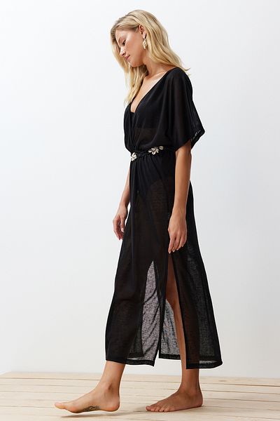 Trendyol Collection Černé maxi pletené plážové šaty s rozparkem TBESS24EL00106