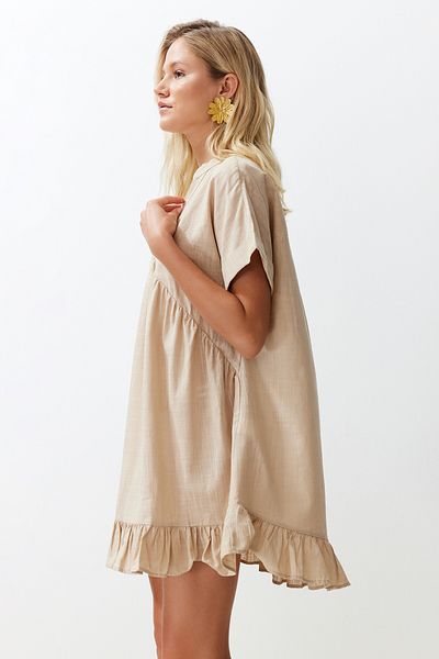 Trendyol Collection Μπεζ Μίνι Υφαντό Ευκαιρία Φόρεμα Παραλίας Φλαμέ Βαμβακερό Χοντρό Στυλ TBESS24EL00113