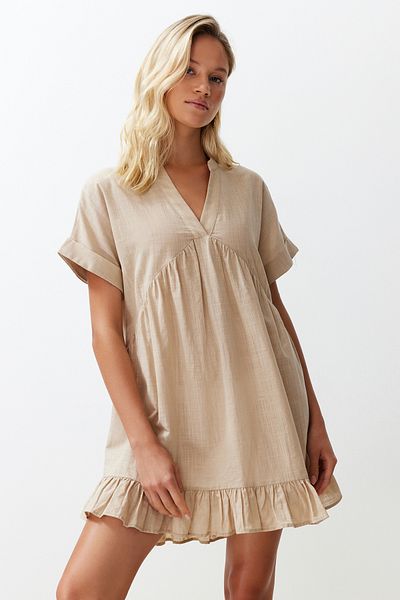 Trendyol Collection Μπεζ Μίνι Υφαντό Ευκαιρία Φόρεμα Παραλίας Φλαμέ Βαμβακερό Χοντρό Στυλ TBESS24EL00113