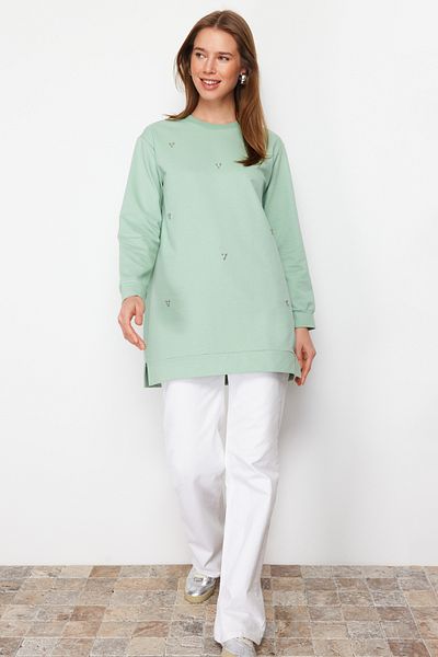 Trendyol Modest Mintgrüne Stricktunika mit Rundhalsausschnitt und Steindetail TCTSS22TN0072