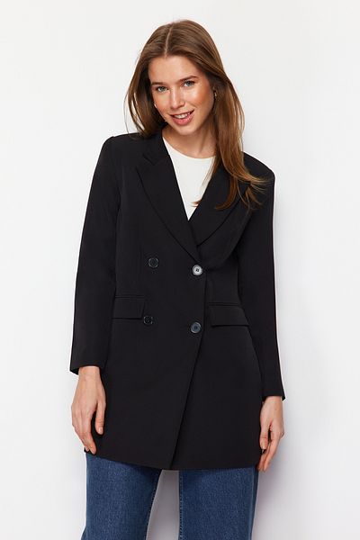 Trendyol Modest Schwarzer Blazer aus Webstoff mit doppelter Knopftasche und detailliertem Futter TCTAW22CK0007
