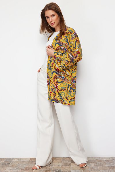 Trendyol Modest Žlutá paisley vzorovaná viskózová kimona a kaftan TCTSS21KK0004