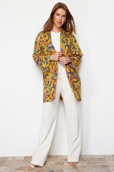 Trendyol Modest Žlutá paisley vzorovaná viskózová kimona a kaftan TCTSS21KK0004