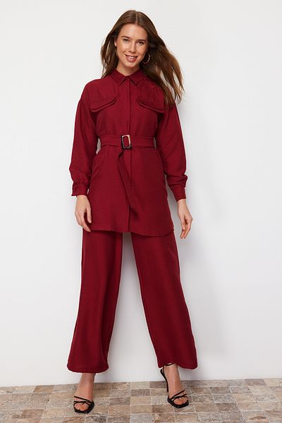 Trendyol Modest Rotes gewebtes Oberteil- und Unterteil-Set TCTSS24US00061