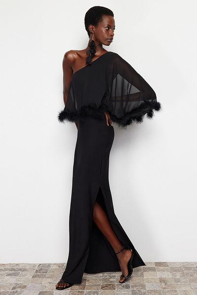 Trendyol Collection Μαύρο βραδινό υφαντό υφαντό διάτρητο φόρεμα TPRSS24AE00004