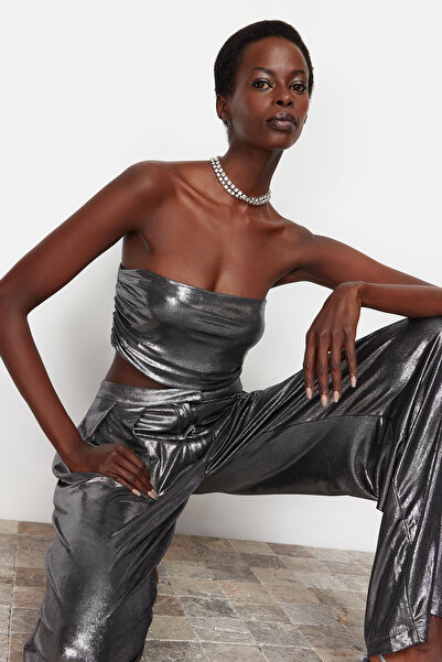 Trendyol Collection Antracit Crop Metallic Look Bustier TPRSS24BS00012