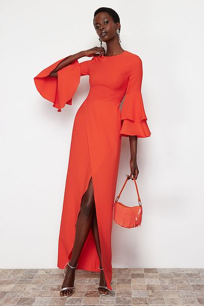 Trendyol Collection Gránátalma virág lendkerék részletes szőtt hosszú elegáns estélyi ruha TPRSS24AE00005
