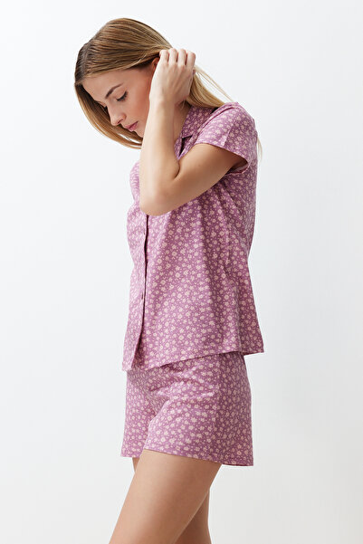 Trendyol Collection Σετ πιτζάμες από βαμβακερό αποξηραμένο τριαντάφυλλο με φλοράλ στάμπα - THMSS24PT00201