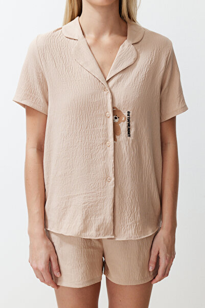 Trendyol Collection Bézs Teddy Bear szőtt pizsama szett THMSS24PT00182