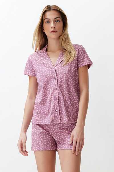 Trendyol Collection Cotton Dusty Rose Floral Print Pajamas Set - Thmss24Pt00201