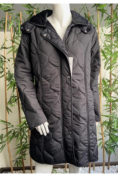 VETRE Women's Large Size Hooded 95 Cm Drop Pattern Black Quilted Coat 1007
