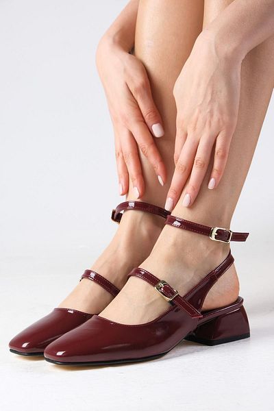 Mio Gusto Audrey Burgundy Color Patent Leather Open Back Short Heeled Women's Shoes