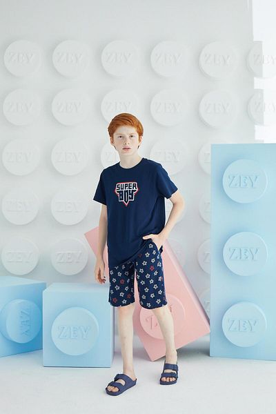Sevim Boy's Short Sleeve Navy Blue Pajamas Suit C2T5N68