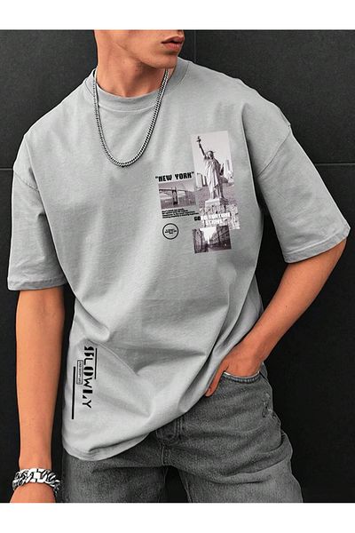 Black Sokak Statue of Liberty Printed Oversize Painted Gray Men's T-Shirt
