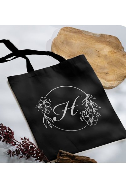 Bk Gift Kişiye Özel Harfli Siyah Kumaş Bez Çanta-5, Baskılı Omuz Çantası, Alı...