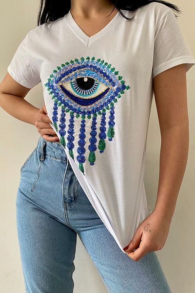 FEMELLE Women's White V-Neck Large Size Eye Sequin Sequin Embroidered 100% Cotton Large Size T-Shirt