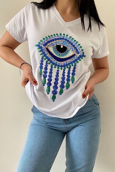 FEMELLE Women's White V-Neck Large Size Eye Sequin Sequin Embroidered 100% Cotton Large Size T-Shirt