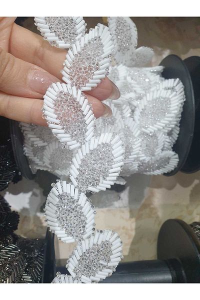 ESRA ŞELEM Iron-On White Color Leaf Pattern Stoned Decorative Strip Accessory