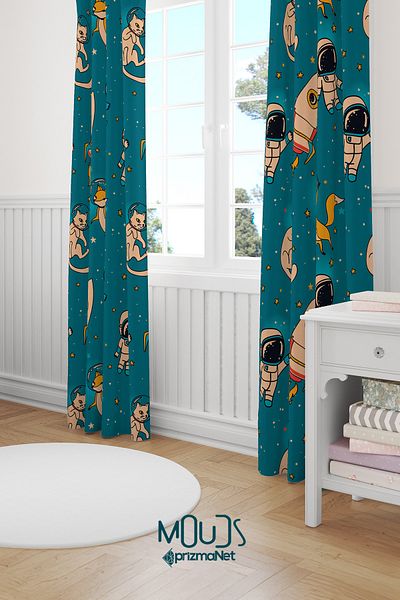 Moud's Space Fox Cat Patterned Background Curtain Children's and Baby's Room Suede Printed Extrafor Drawstring 2 Wings PRD-53