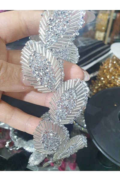 ESRA ŞELEM Iron-On Silver Color Leaf Pattern Stone Decorative Strip Accessory
