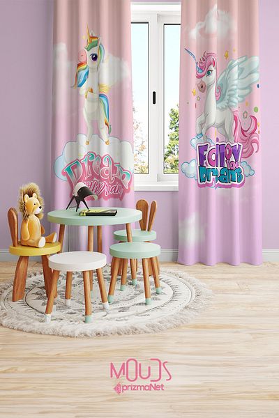 Moud's Dream Unicorn Patterned Background Curtain Children's and Baby's Room Suede Printed Extrafor Drawstring 2 Wings PRD-68