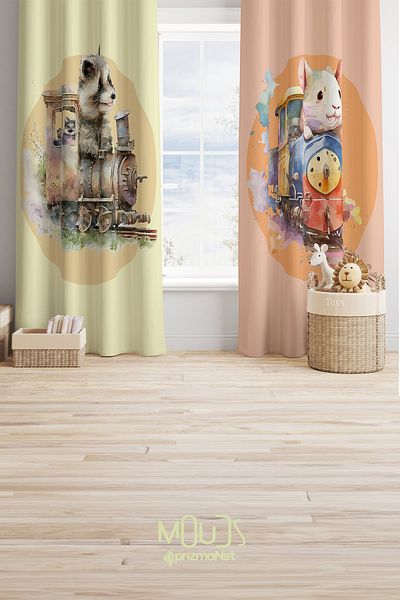 Moud's Teddy Bear and Mouse Patterned Background Curtain Children's and Baby's Room Suede Printed Extrafor Drawstring 2 Wings PRD-63