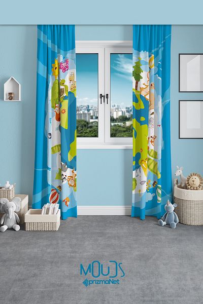 Moud's World Animals Patterned Background Curtain Children's and Baby's Room Suede Printed Extrafor Drawstring 2 Wings PRD-66