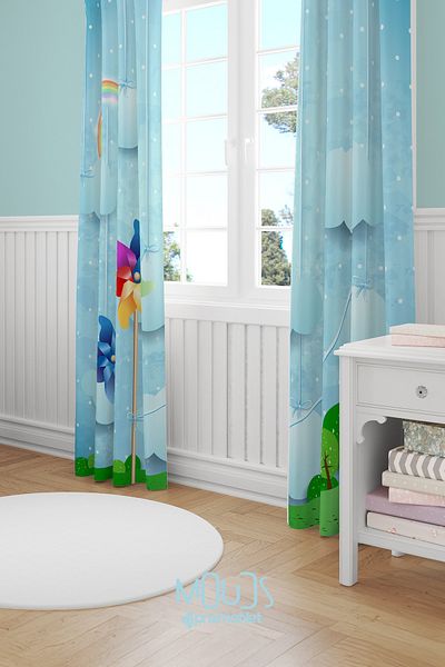 Moud's Wind Rose Patterned Background Curtain Children's and Baby's Room Suede Printed Extrafor Drawstring 2 Sash PRD-60