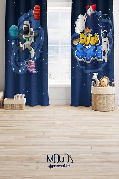 Moud's Astronaut Patterned Background Curtain Children's and Baby's Room Suede Printed Extrafor Drawstring 2 Wings PRD-69