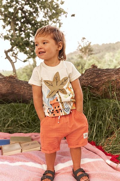 Next Baby 100% Cotton White Orange Animal Pattern Shorts Top and Bottom Set