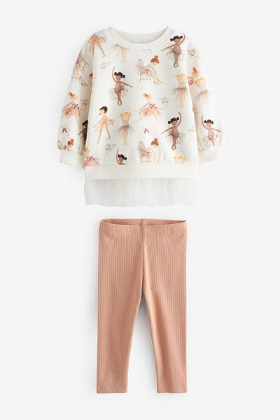 Next Baby Cotton Ballerina Patterned Sweatshirt Tights Top and Bottom Set