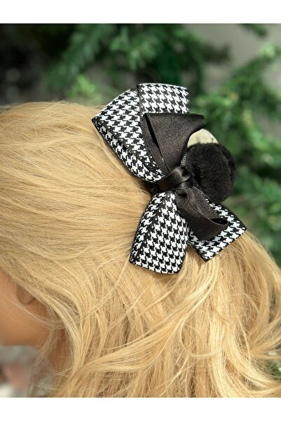 QUEEN AKSESUAR luxury large double-sided with rhinestones fancy houndstooth bow plush bear clip buckle black white
