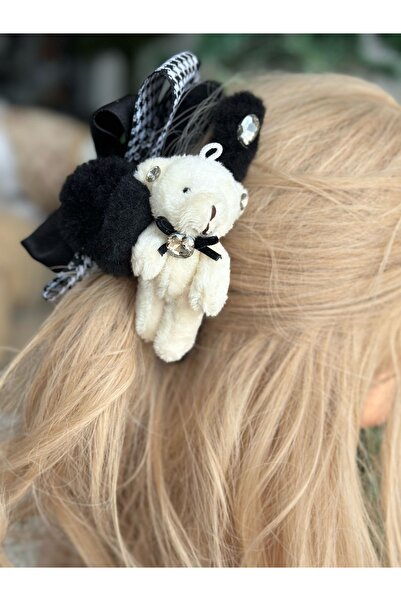 QUEEN AKSESUAR luxury large double-sided with rhinestones fancy houndstooth bow plush bear clip buckle black white