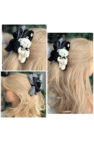 QUEEN AKSESUAR luxury large double-sided with rhinestones fancy houndstooth bow plush bear clip buckle black white