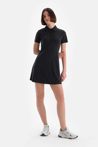 Dagi Schwarzes Modalkleid für Damen – Halbärmelig und Knopfleiste vorne
