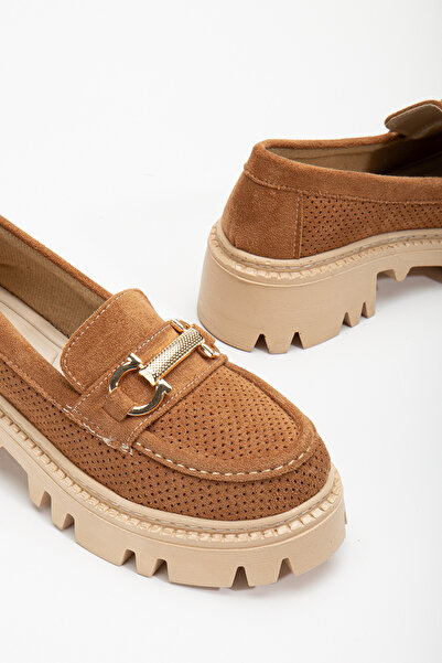 Tonny Black Dámské hnědé semišové pohodlné nošení přední přezka tlustá podrážka mokasína