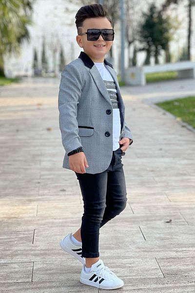 Riccotarz Boy's Text Printed T-Shirt Pocket Detailed Checkered Blazer Jacket Black Jean Pants Bottom Top Set