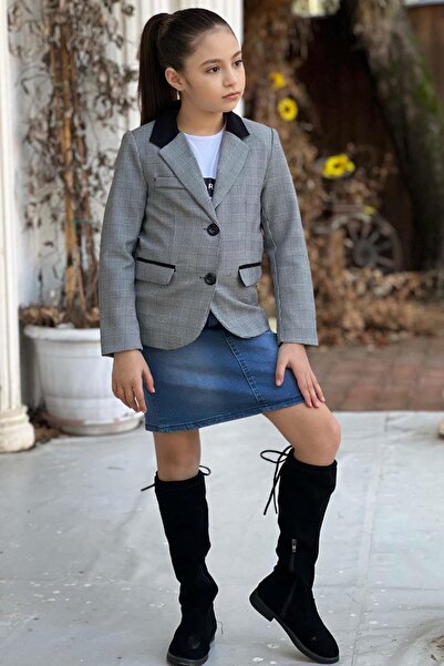 Riccotarz Tricou cu imprimeu text pentru fete, cu buzunar, sacou blazer în carouri Set de fuste din jean albastru