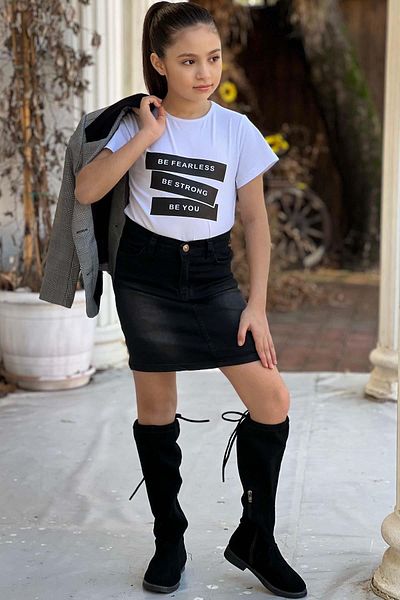 Riccotarz Girl's Text Printed T-Shirt Pocket Detailed Checkered Blazer Jacket Black Jean Skirt Set