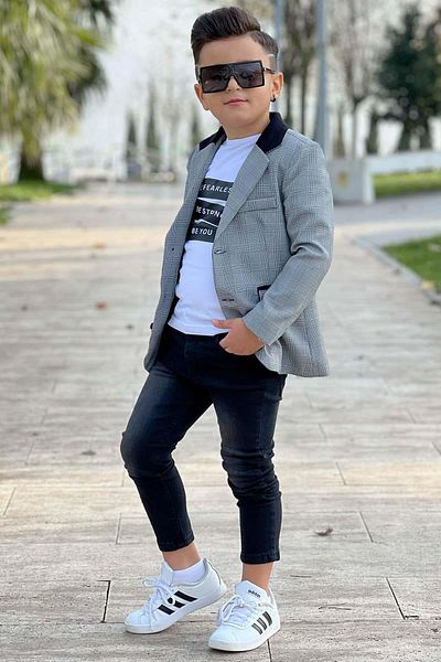 Riccotarz Boy's Text Printed T-Shirt Pocket Detailed Checkered Blazer Jacket Black Jean Pants Bottom Top Set