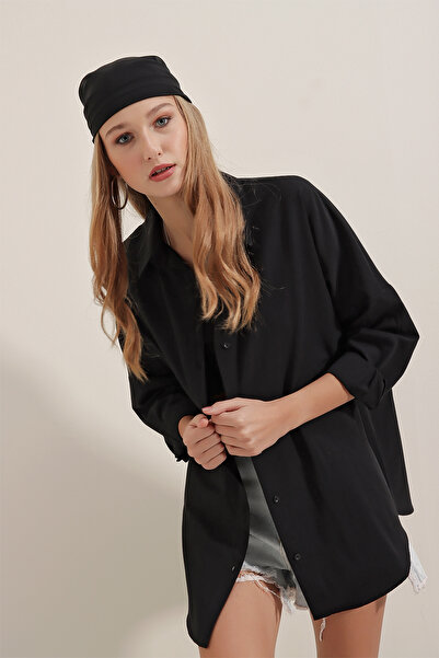 Bigdart Kadın Siyah Oversize Uzun Basic Gömlek 3900