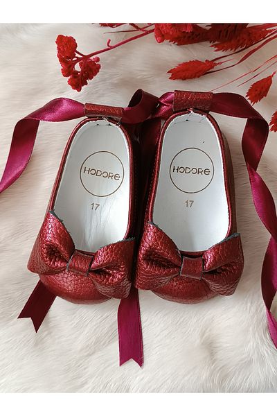 Hodore Perla Burgundy Genuine Leather Baby Loafer Ballerina Shoes